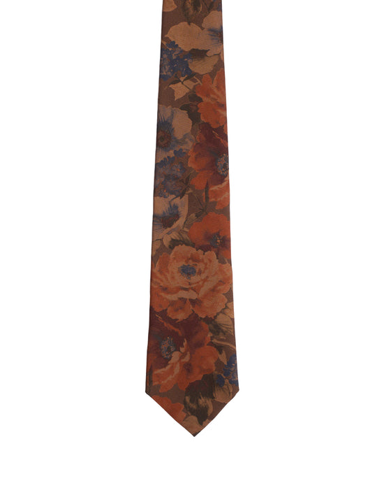 Printed tie - 3 Fold - Brown with orange flowers