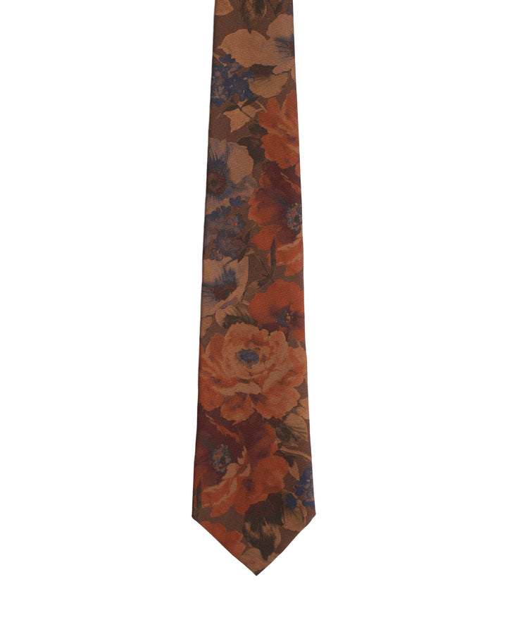 Printed tie - 3 Fold - Brown with orange flowers