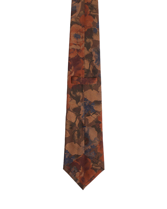 Printed tie - 3 Fold - Brown with orange flowers