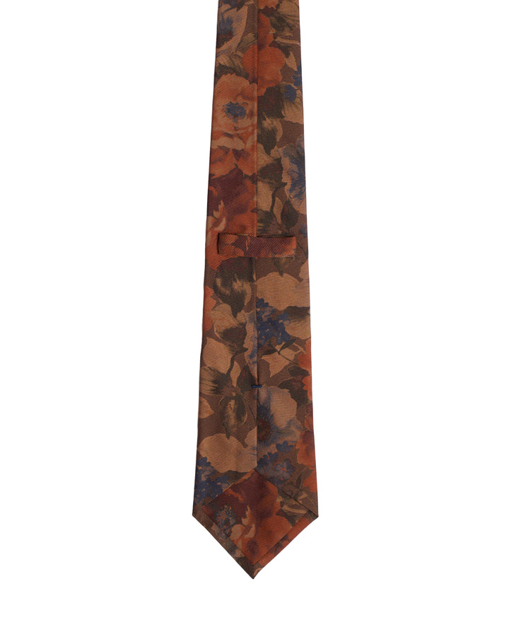 Printed tie - 3 Fold - Brown with orange flowers