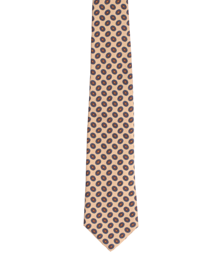 Printed Tie - 3 Fold - Beige with navy oval motif