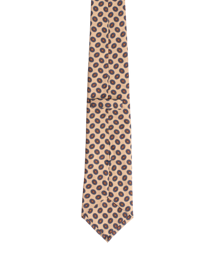 Printed Tie - 3 Fold - Beige with navy oval motif