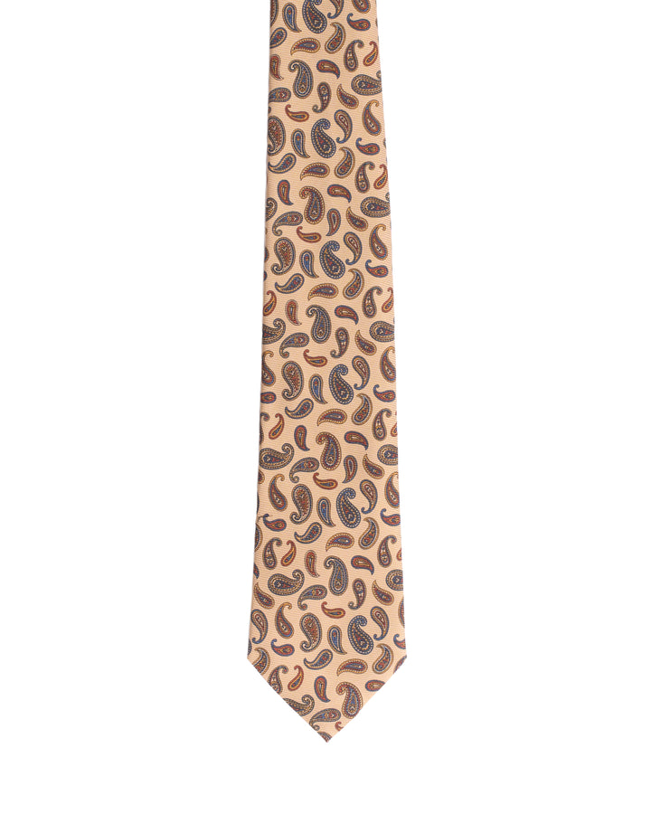 Printed Tie - 3 Fold - Beige with multi color paisley