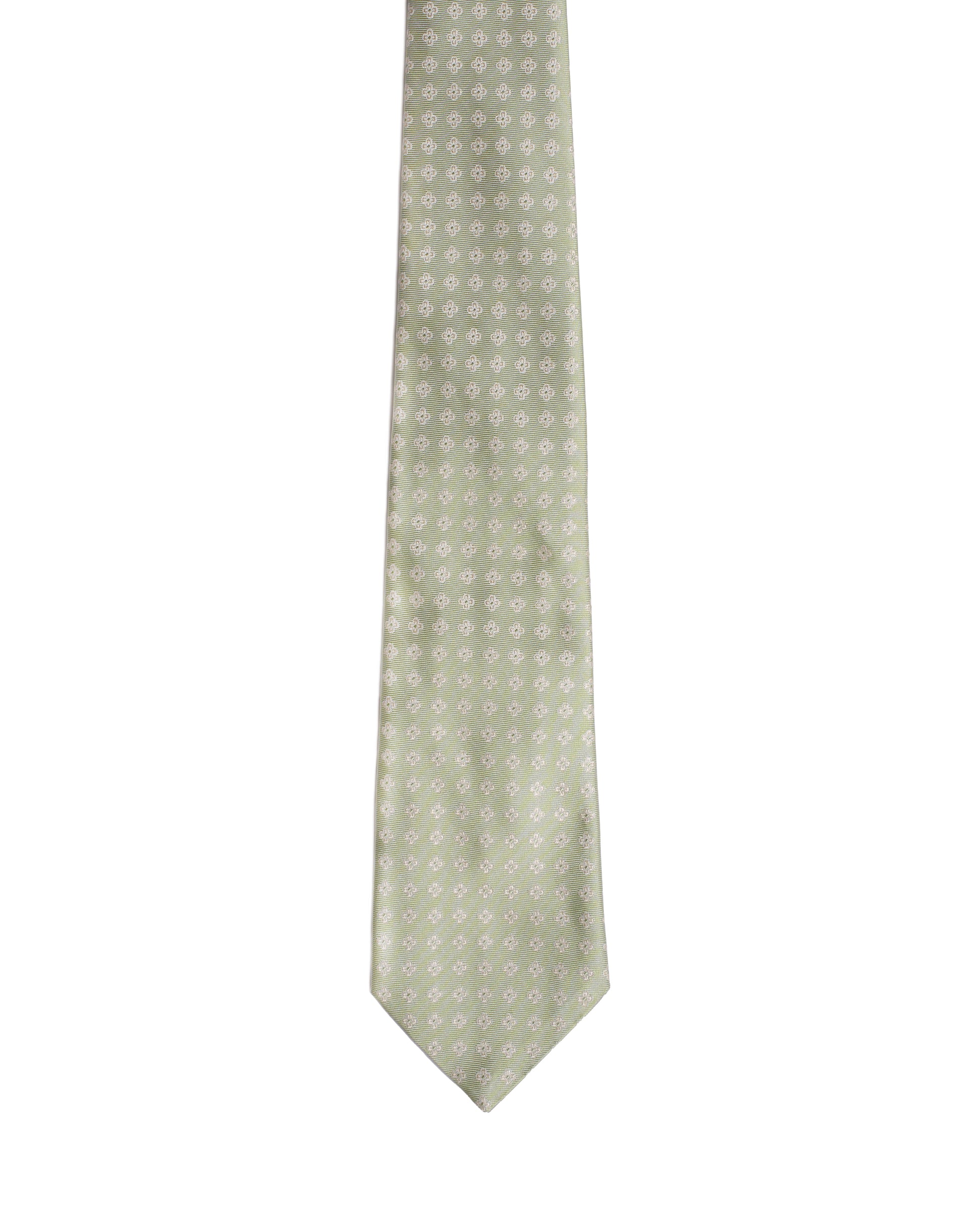 Jacquard tie - 3 Fold - Light green with white flower motif