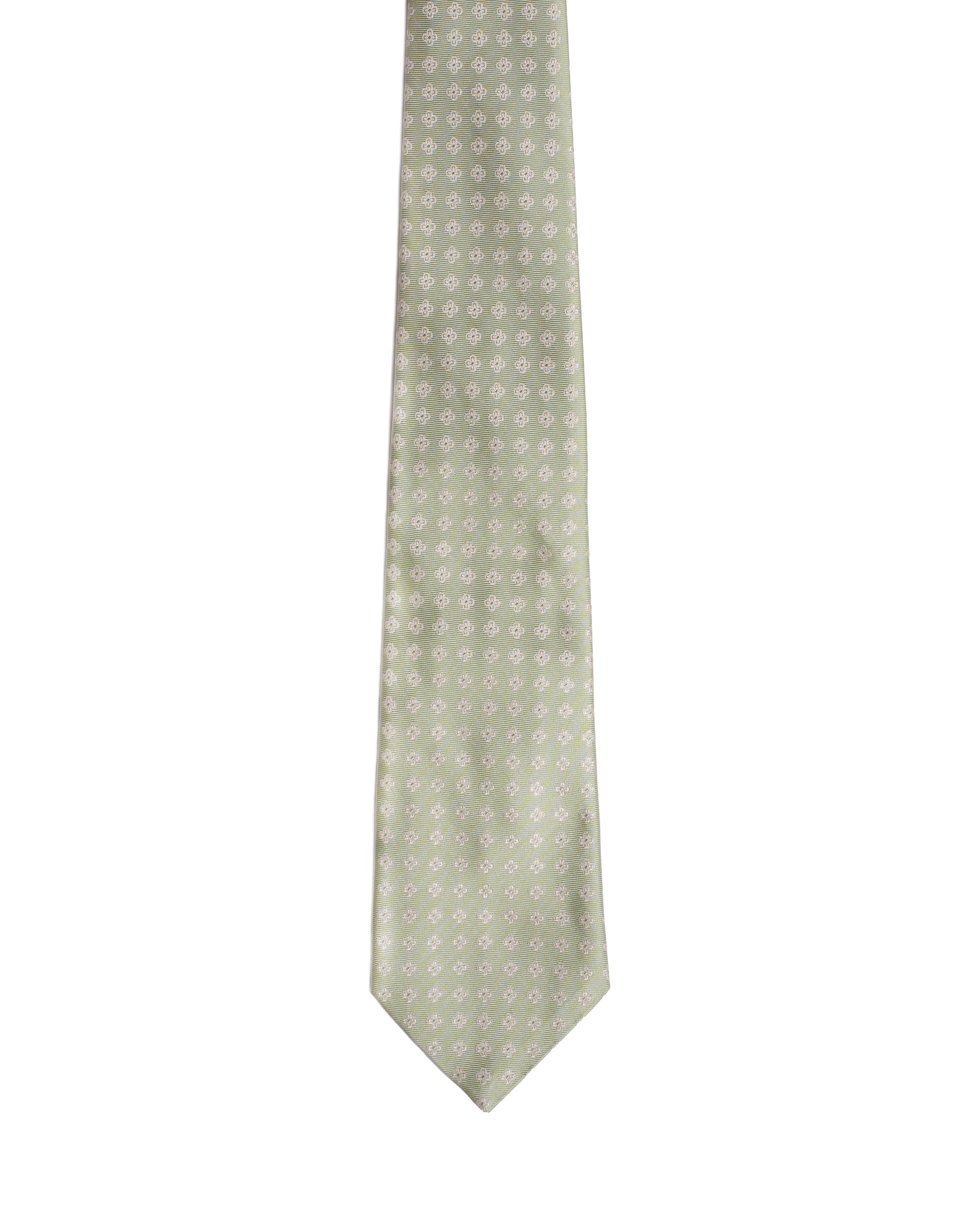 Jacquard tie - 3 Fold - Light green with white flower motif