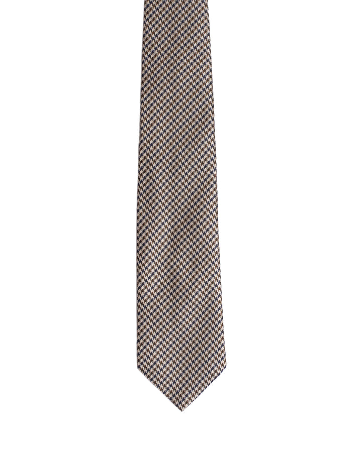 Jacquard tie - 3 Fold - Brown,navy and beige houndstooth