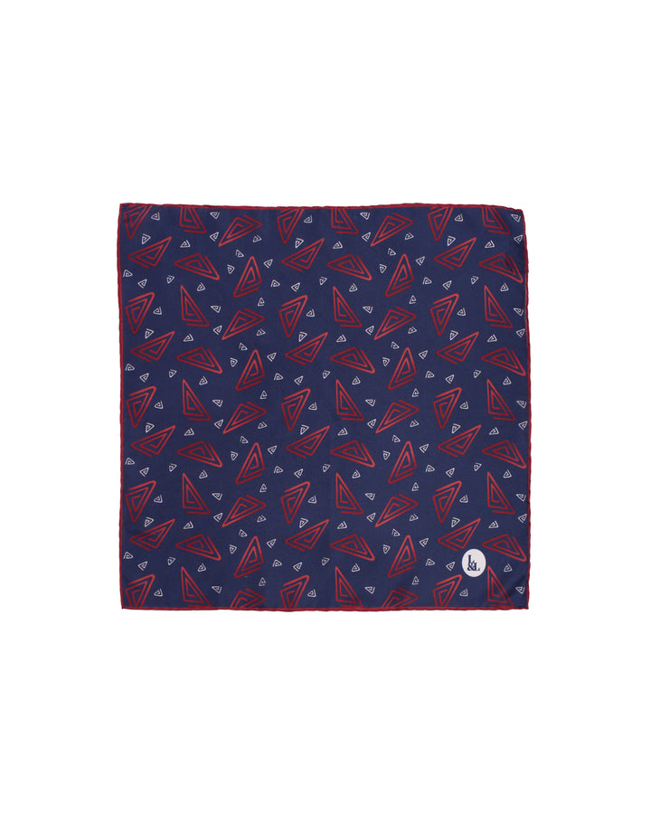 Pocket square - Silk -  Navy with red rectangle motif
