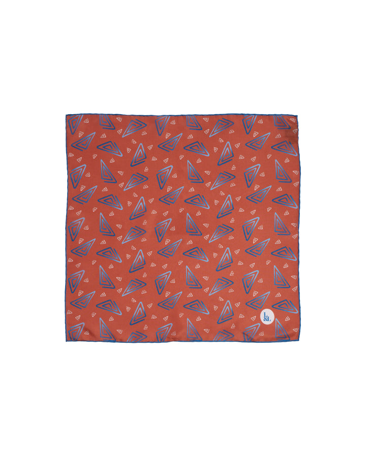 Pocket square - Silk -  Orange with blue rectangle motif