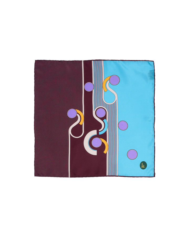 Pocket square - Silk -  Burgundy and light blue with art deco