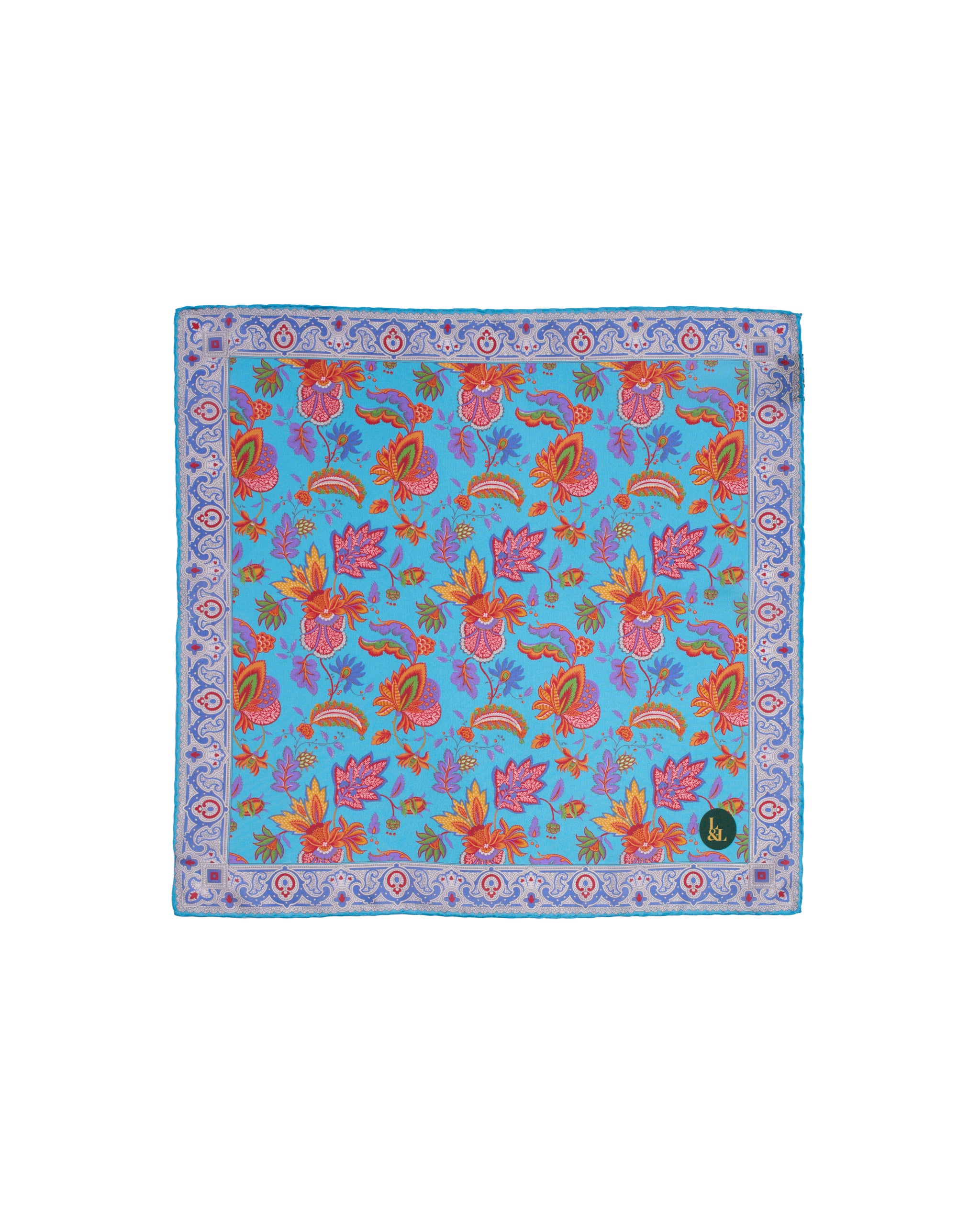 Pocket square - Silk -  Light blue with colourful garden