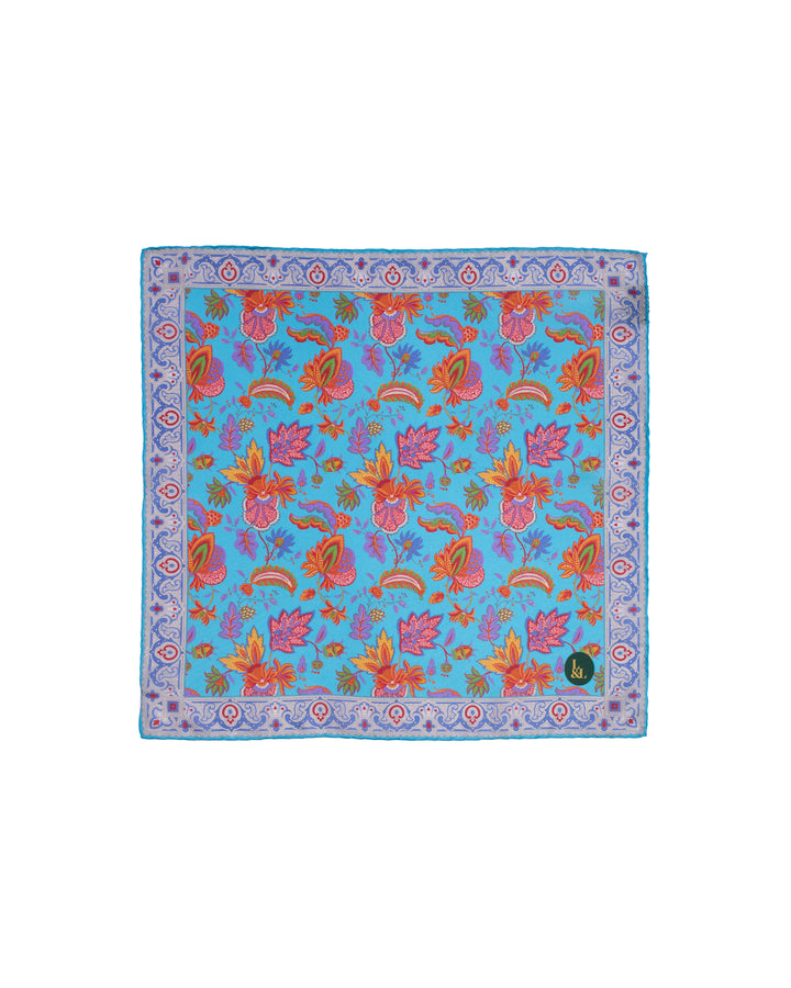 Pocket square - Silk -  Light blue with colourful garden
