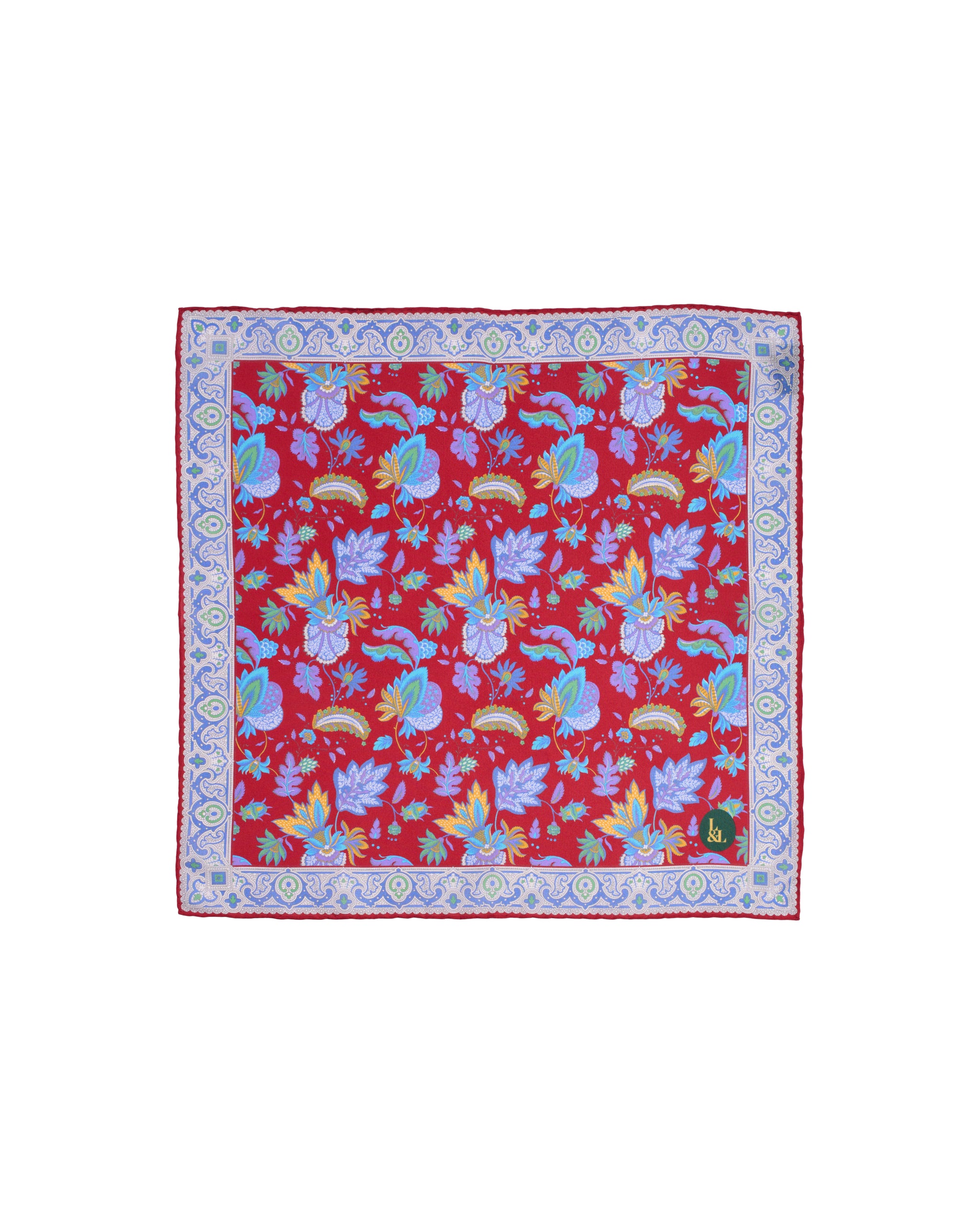 Pocket square - Silk -  Red with colourful garden