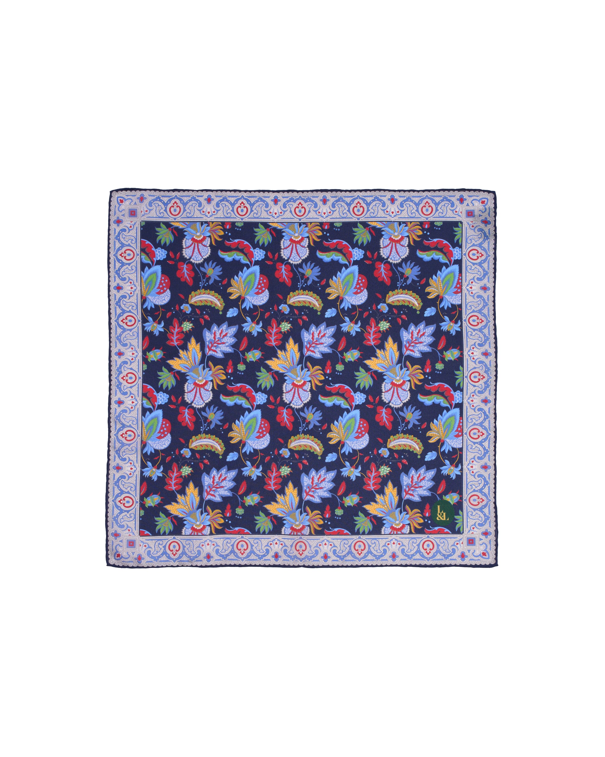 Pocket square - Silk -  Navy blue with colourful garden