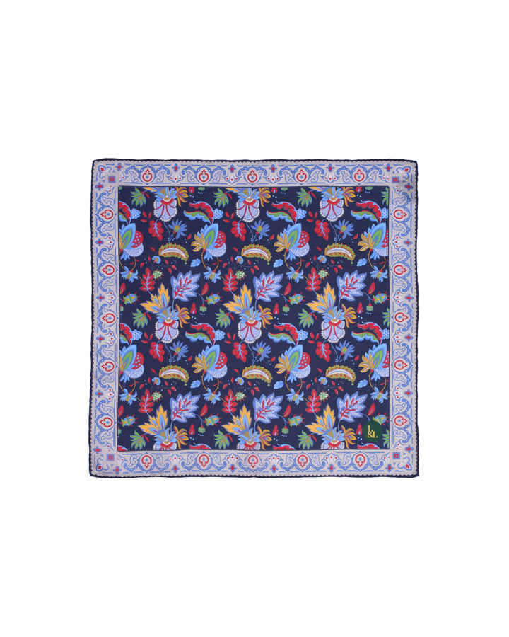 Pocket square - Silk -  Navy blue with colourful garden