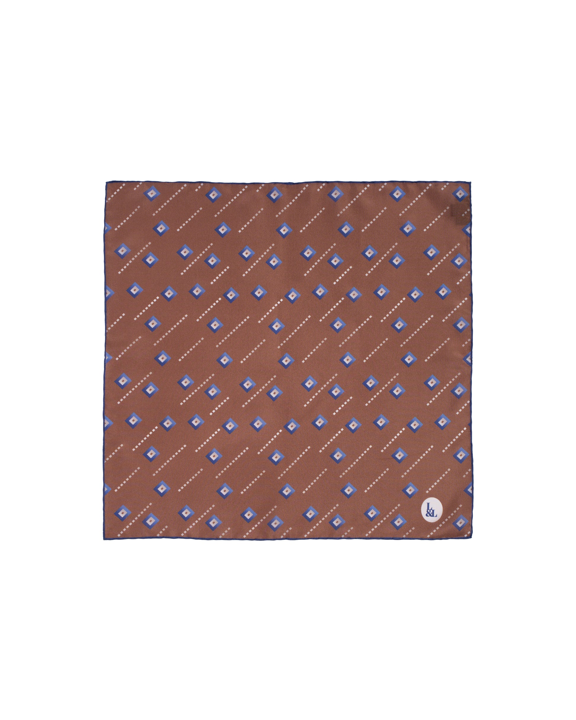 Pocket square - Silk -  Brown with blue square motif
