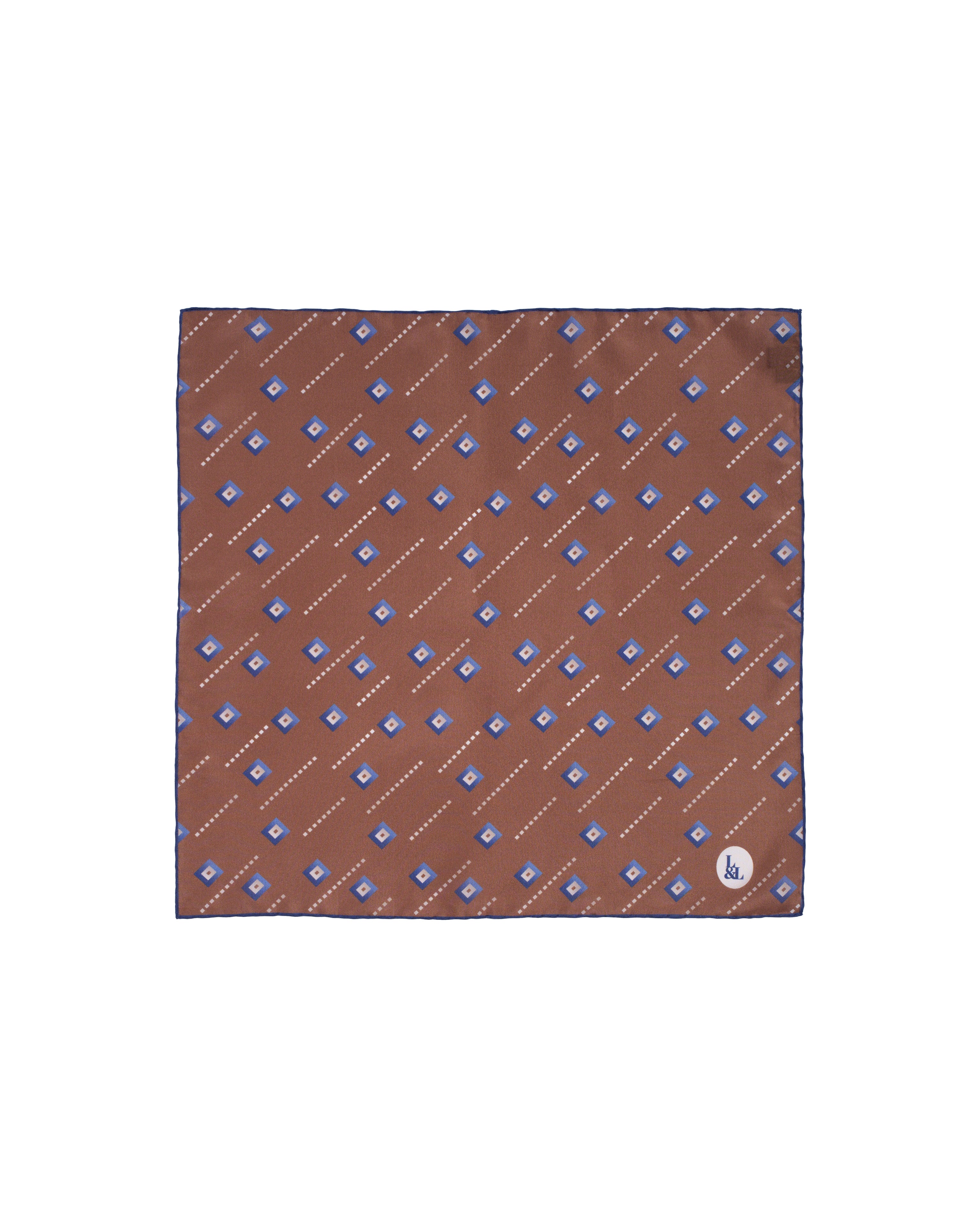 Pocket square - Silk -  Brown with blue square motif