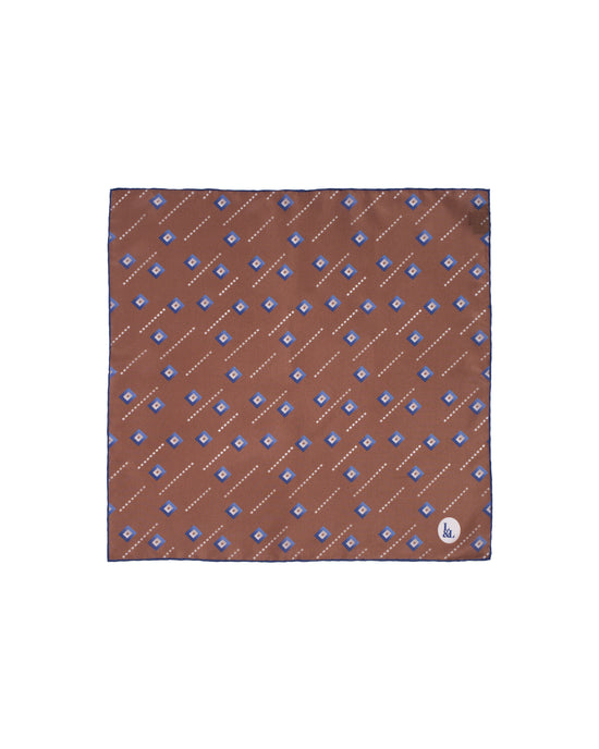Pocket square - Silk -  Brown with blue square motif