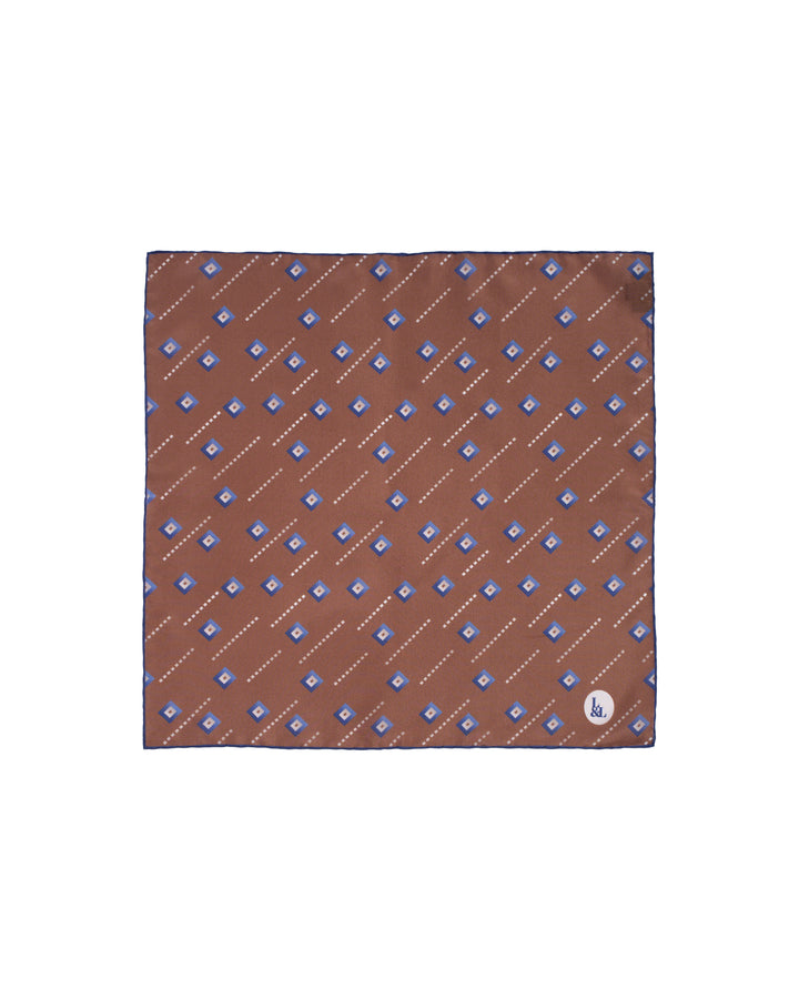 Pocket square - Silk -  Brown with blue square motif