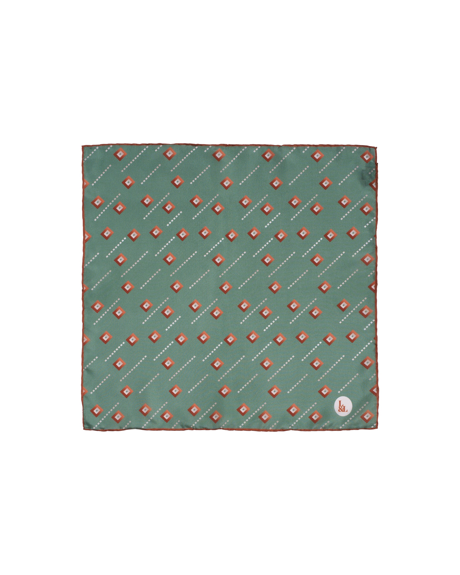 Pocket square - Silk -  Green with orange square motif