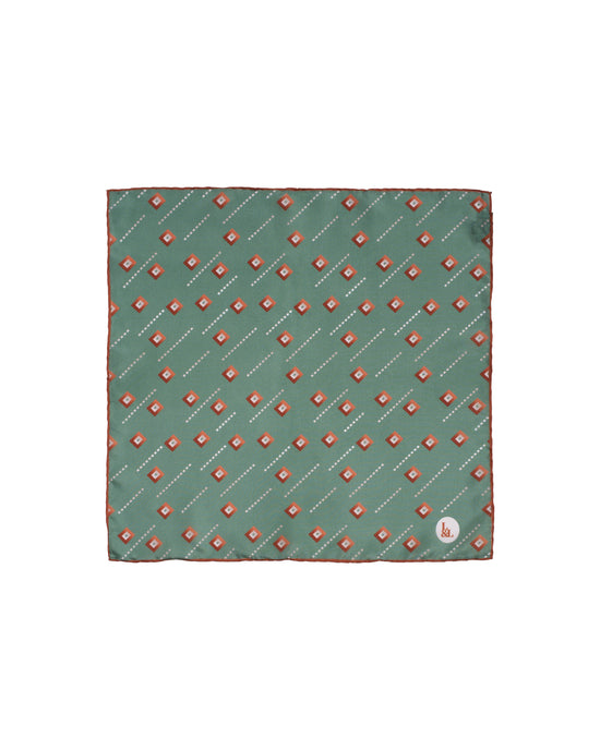 Pocket square - Silk -  Green with orange square motif