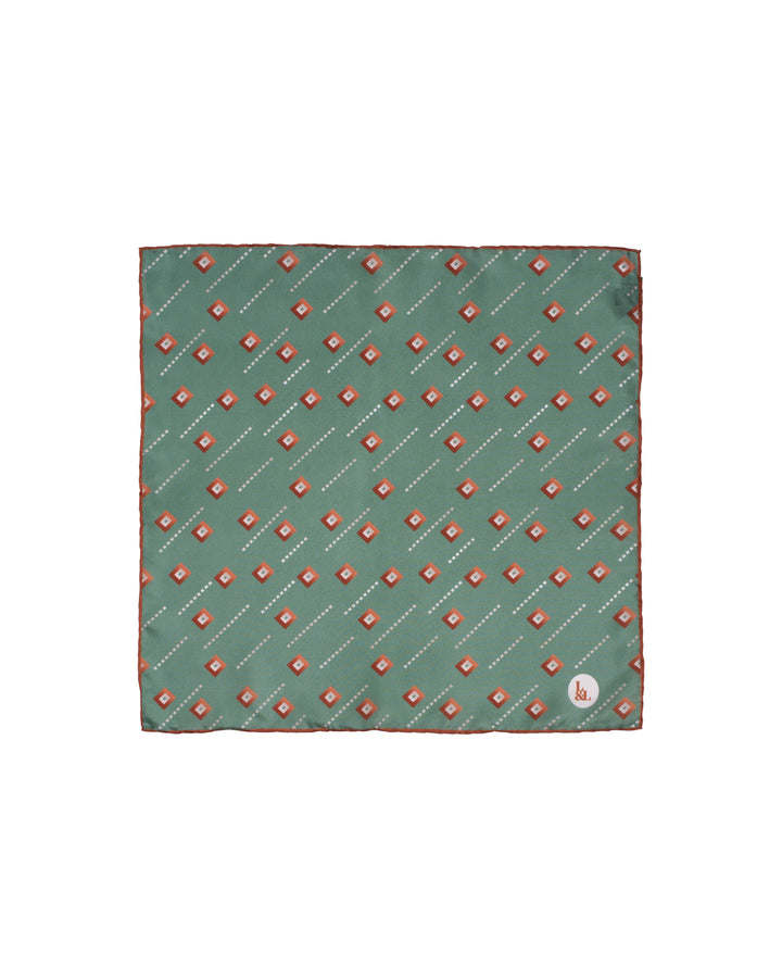 Pocket square - Silk -  Green with orange square motif
