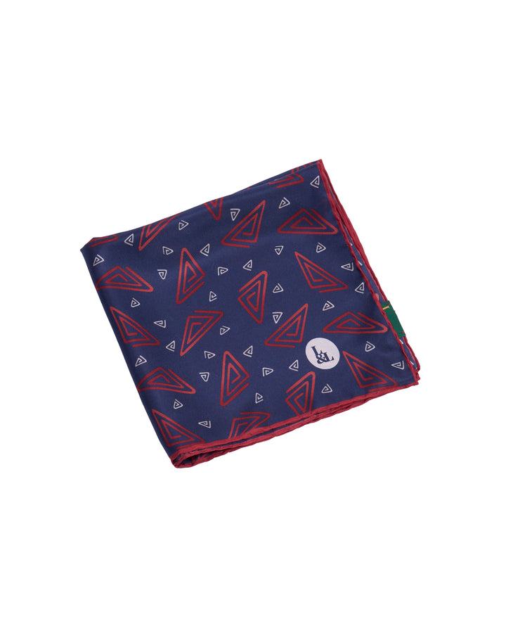 Pocket square - Silk -  Navy with red rectangle motif