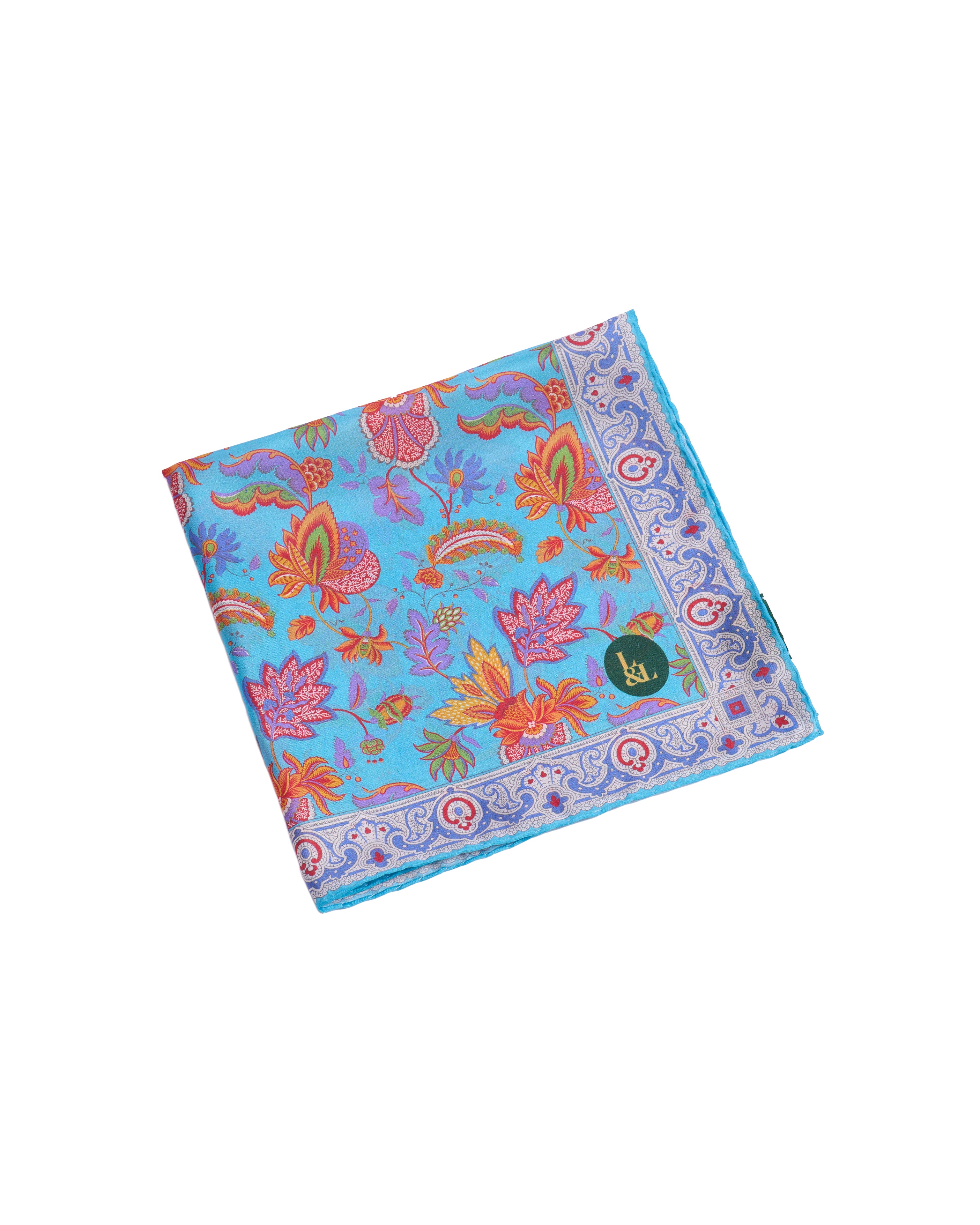 Pocket square - Silk -  Light blue with colourful garden
