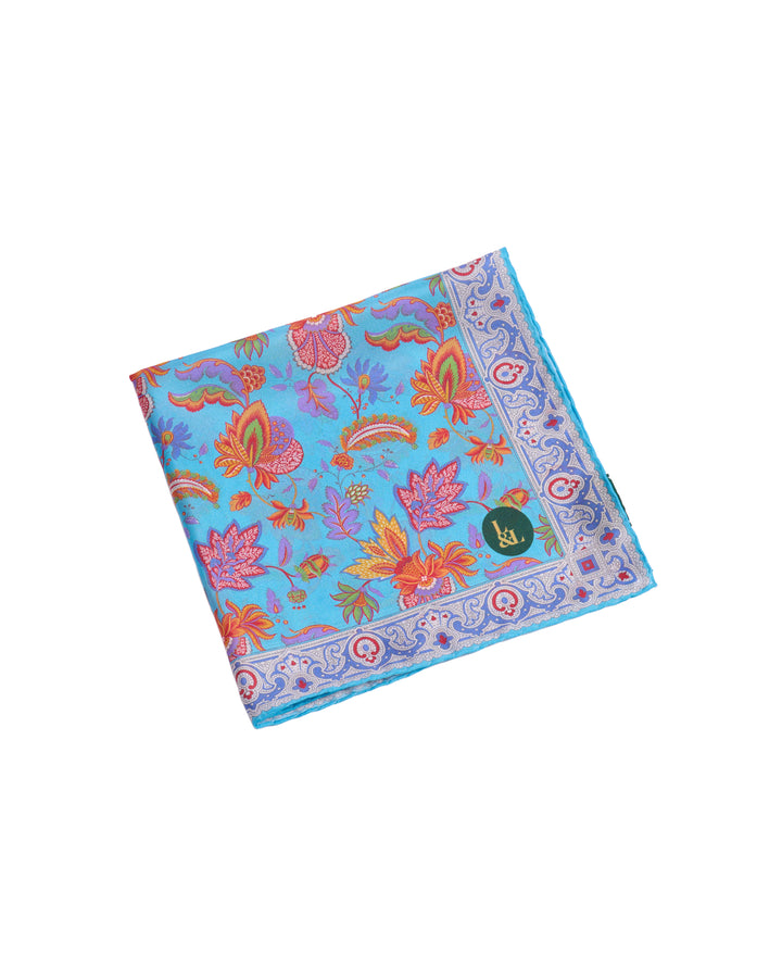Pocket square - Silk -  Light blue with colourful garden