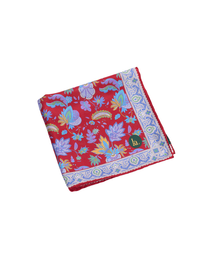 Pocket square - Silk -  Red with colourful garden