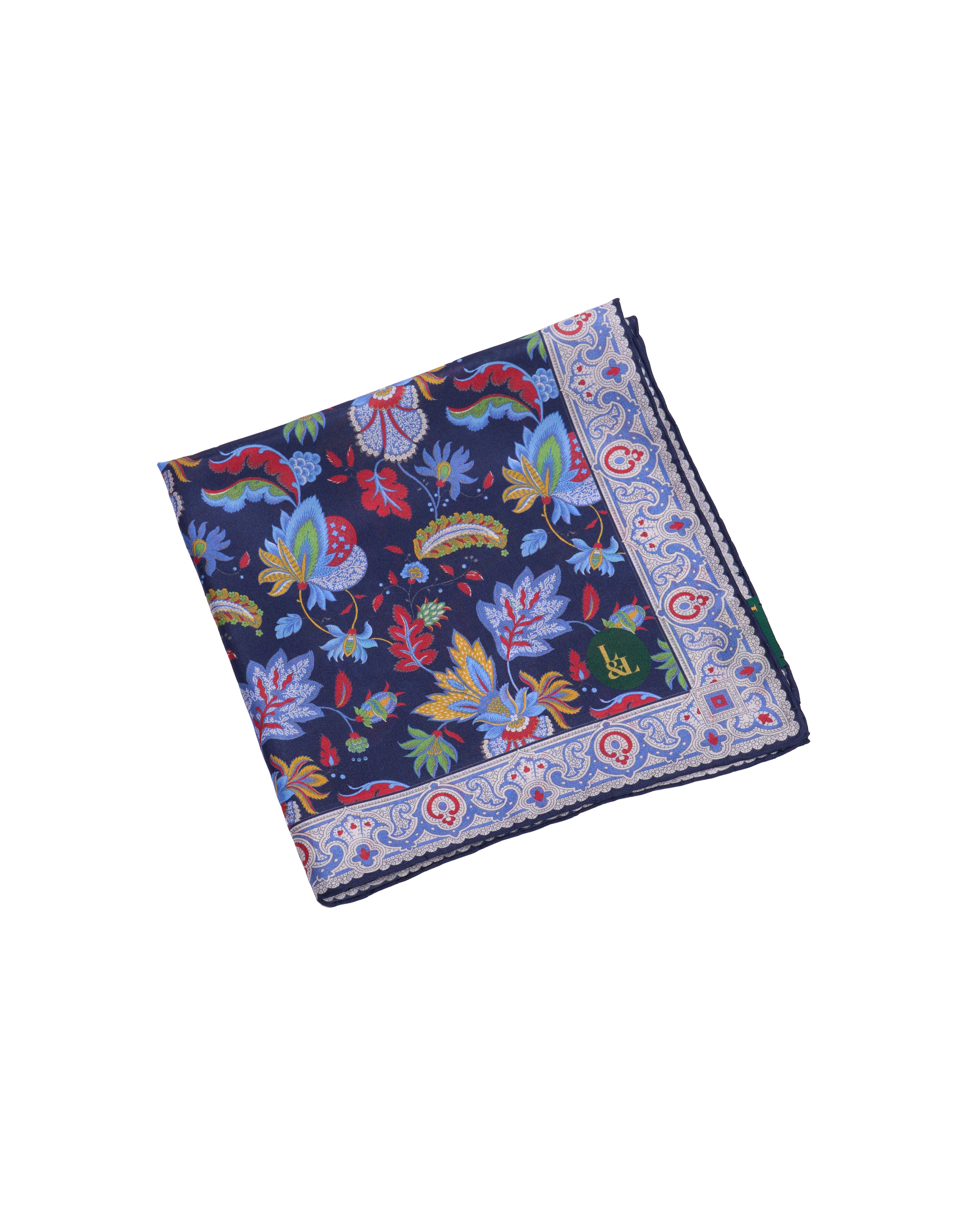 Pocket square - Silk -  Navy blue with colourful garden