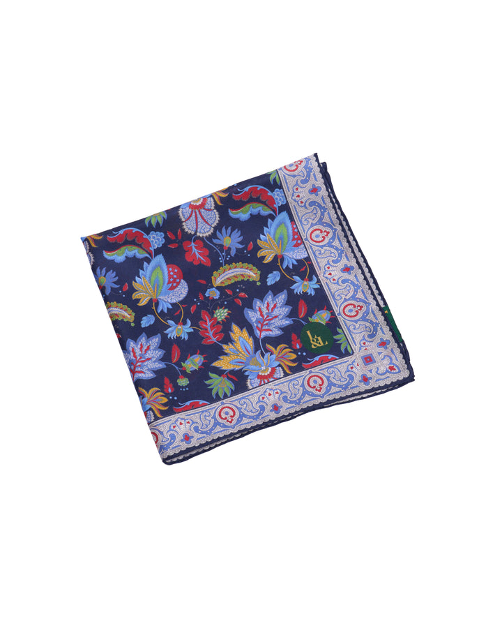 Pocket square - Silk -  Navy blue with colourful garden