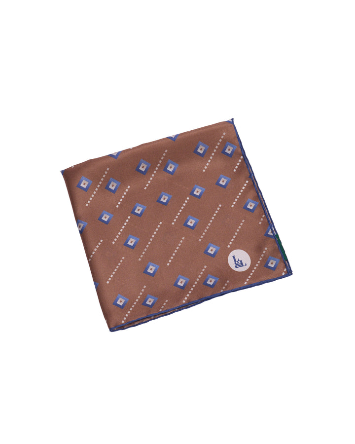 Pocket square - Silk -  Brown with blue square motif