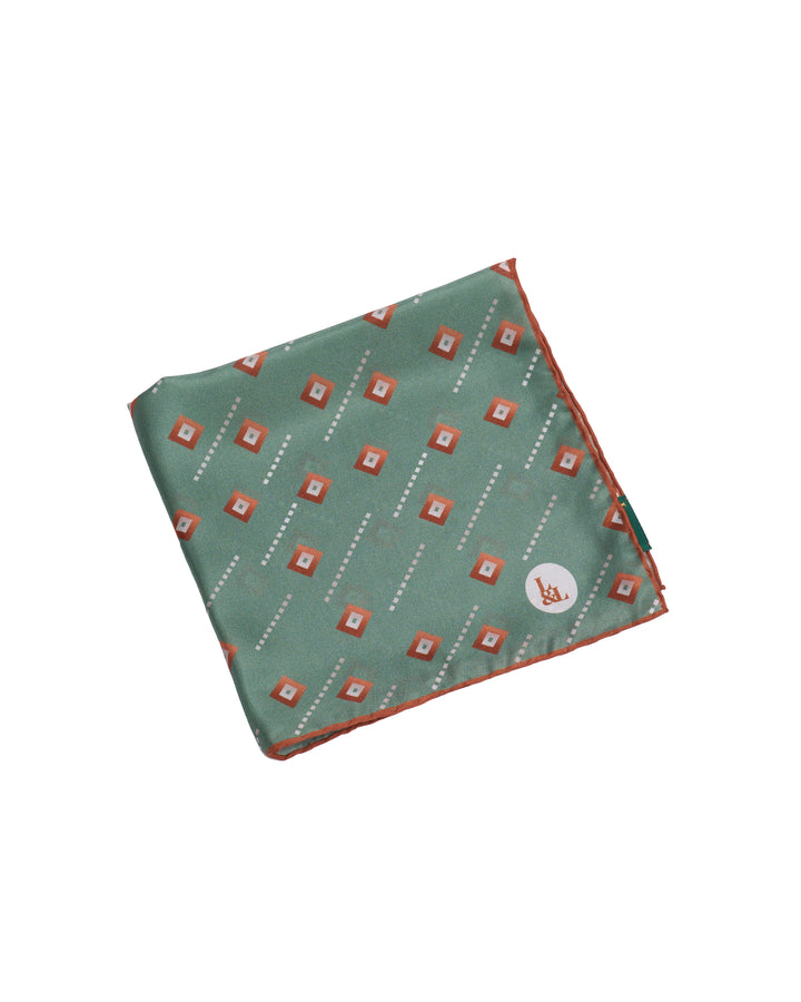 Pocket square - Silk -  Green with orange square motif