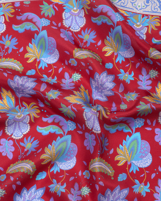 Pocket square - Silk -  Red with colourful garden