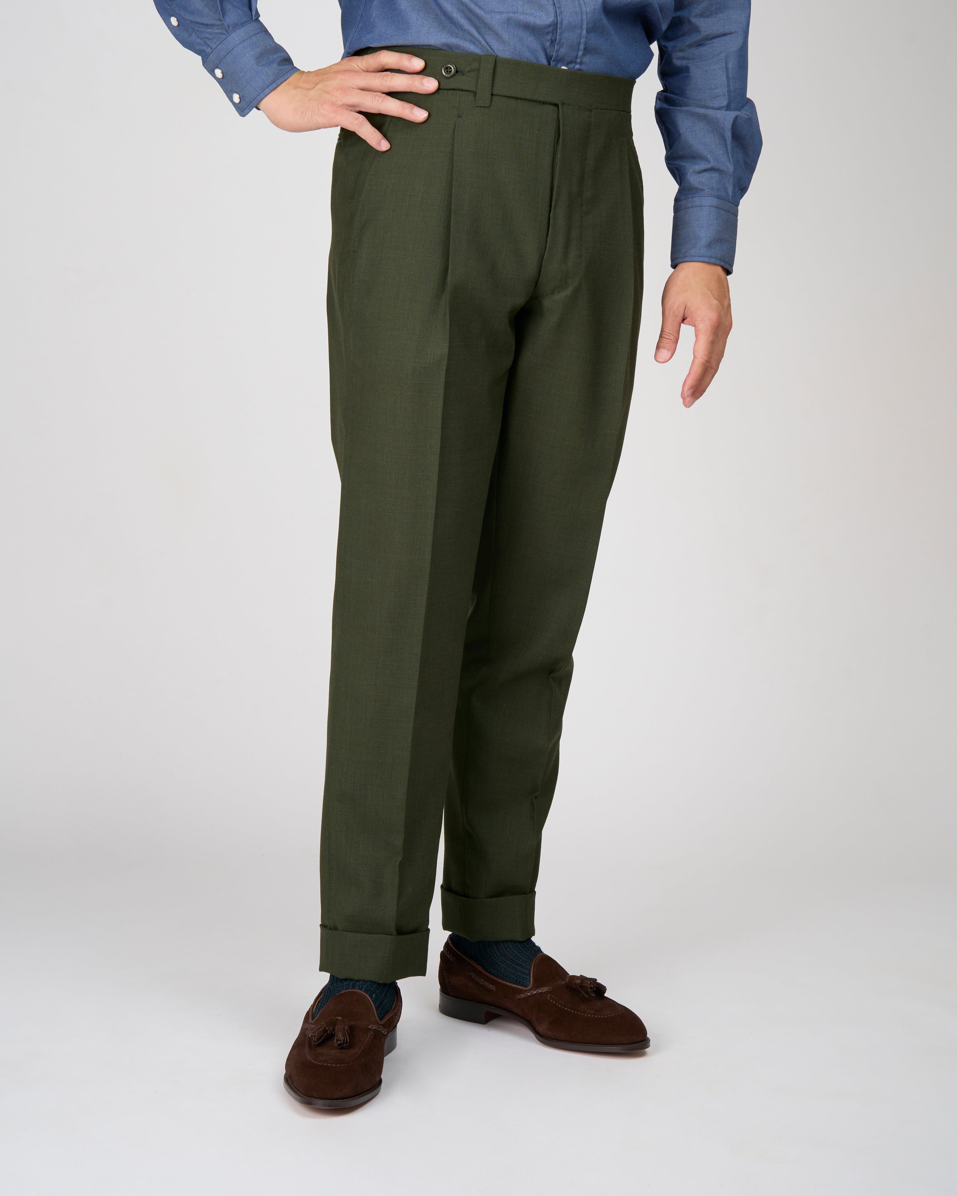 High twist wool trousers - Single pleat - Dark green