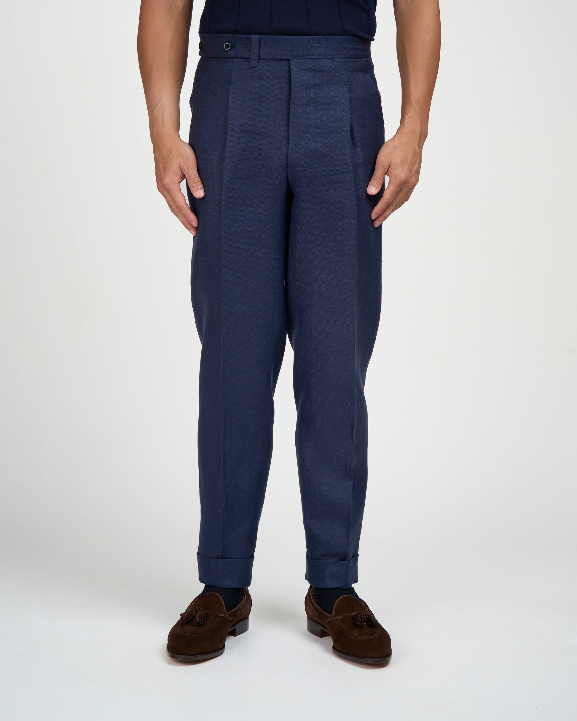 Herringbone linen trousers - Single pleat trousers - Navy Blue