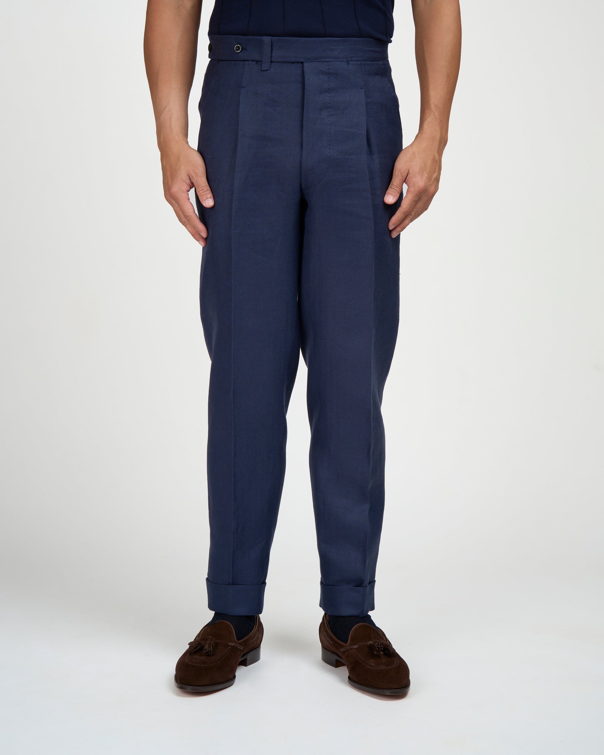 Herringbone linen trousers - Single pleat trousers - Navy Blue