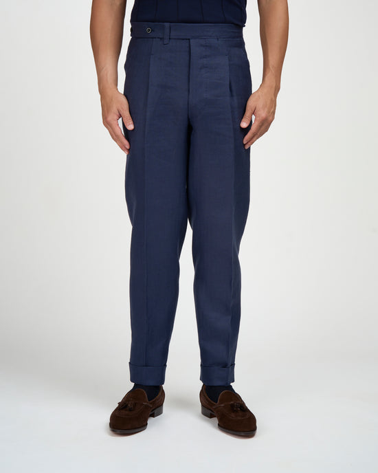 Herringbone linen trousers - Single pleat trousers - Navy Blue