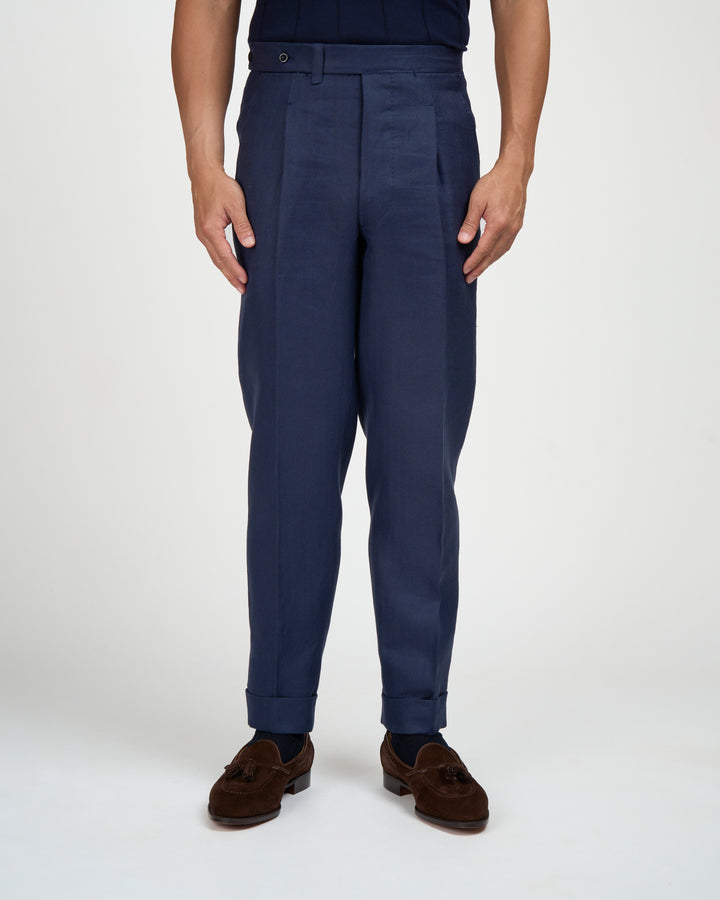 Herringbone linen trousers - Single pleat trousers - Navy Blue