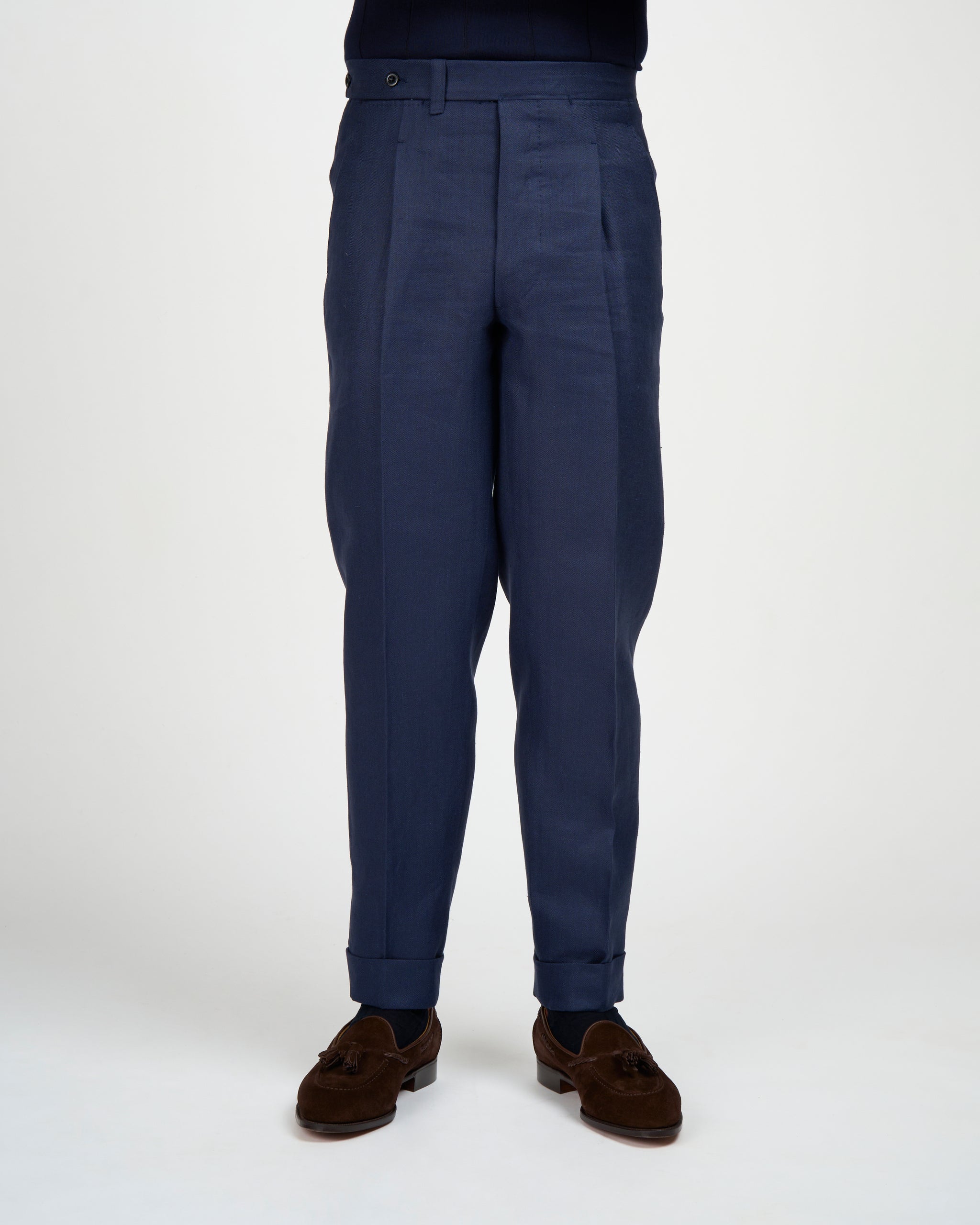 Herringbone linen trousers - Single pleat trousers - Navy Blue