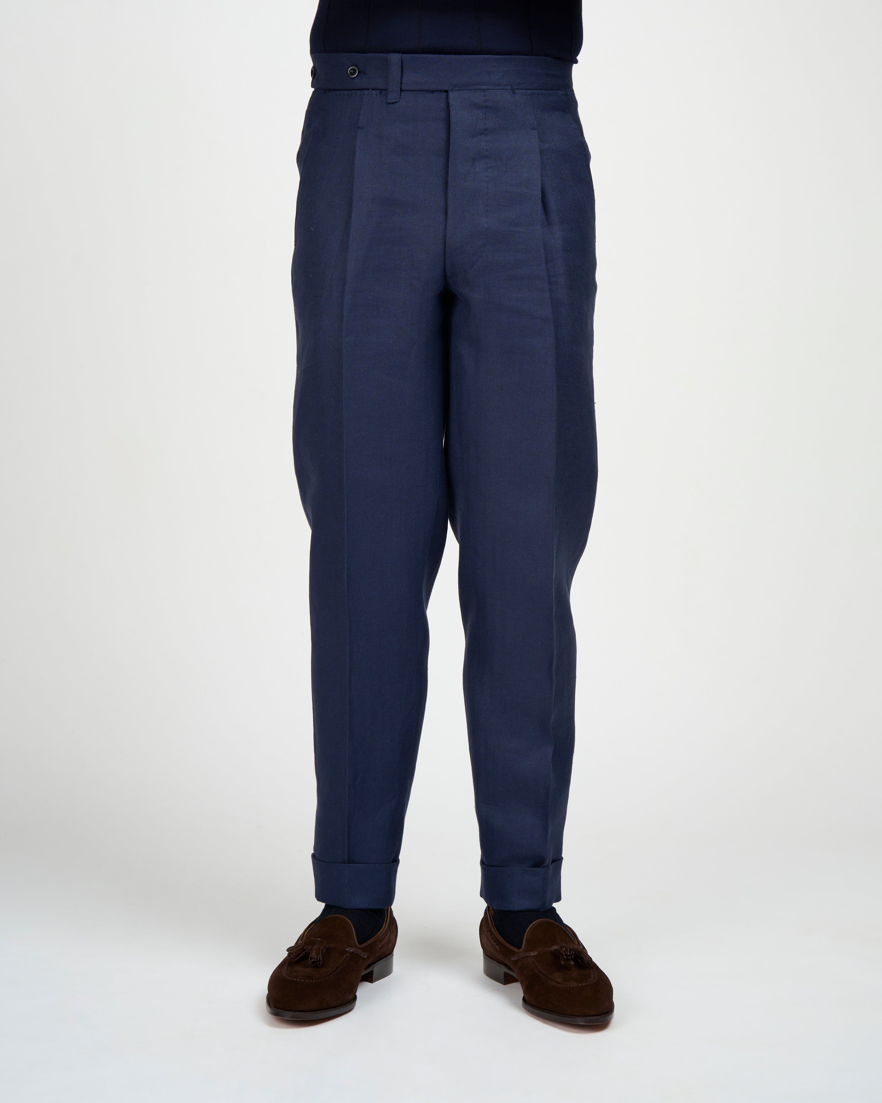Herringbone linen trousers - Single pleat trousers - Navy Blue