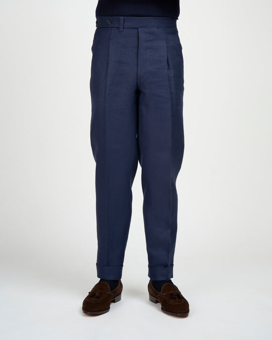 Herringbone linen trousers - Single pleat trousers - Navy Blue