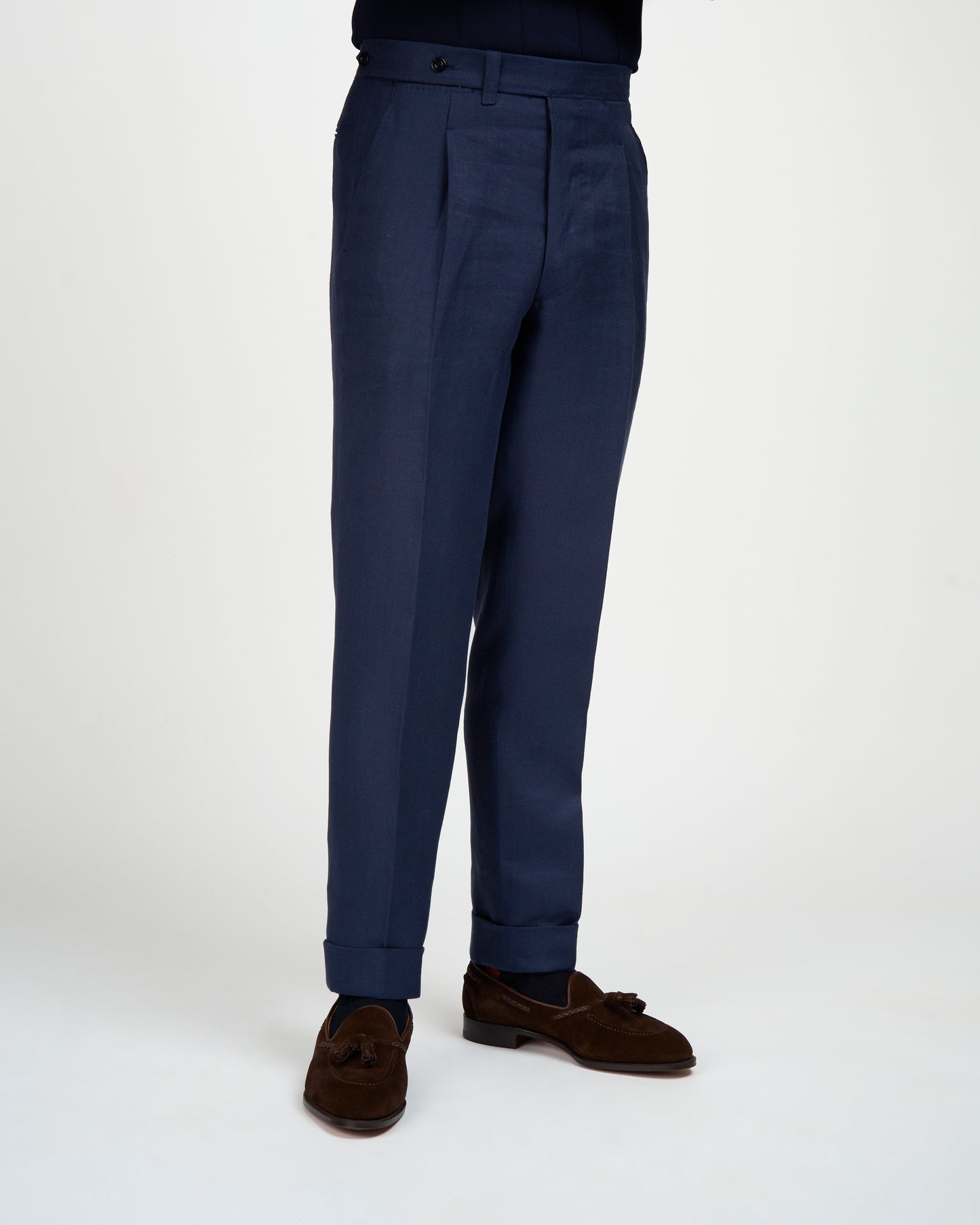 Herringbone linen trousers - Single pleat trousers - Navy Blue