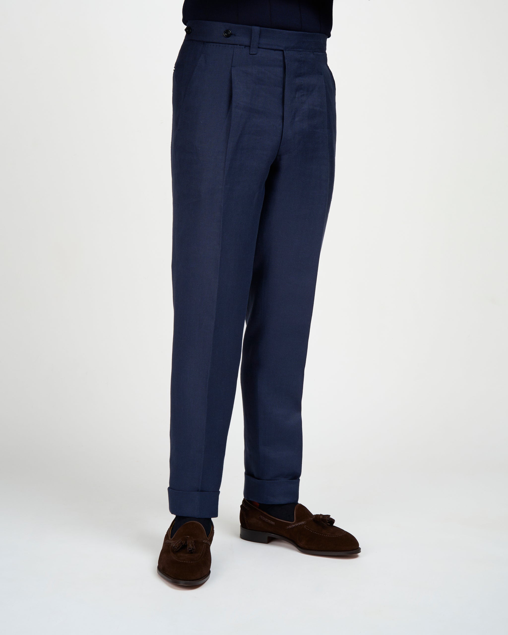 Herringbone linen trousers - Single pleat trousers - Navy Blue