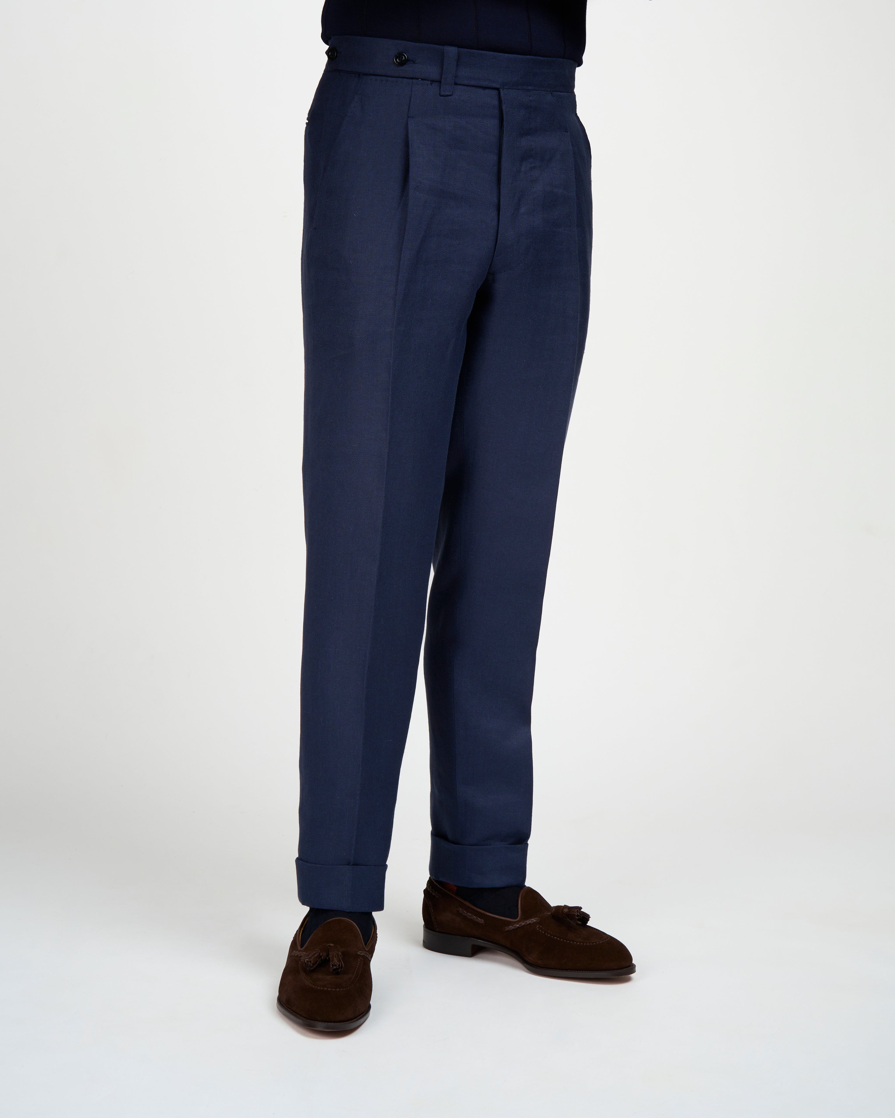 Herringbone linen trousers - Single pleat trousers - Navy Blue