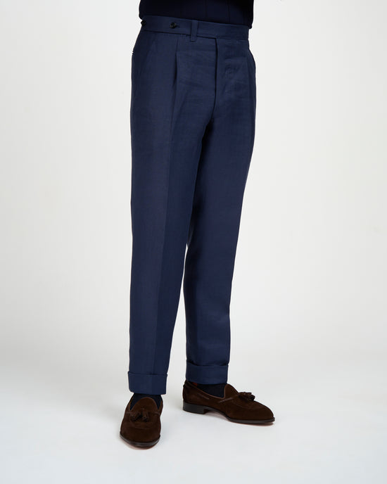 Herringbone linen trousers - Single pleat trousers - Navy Blue