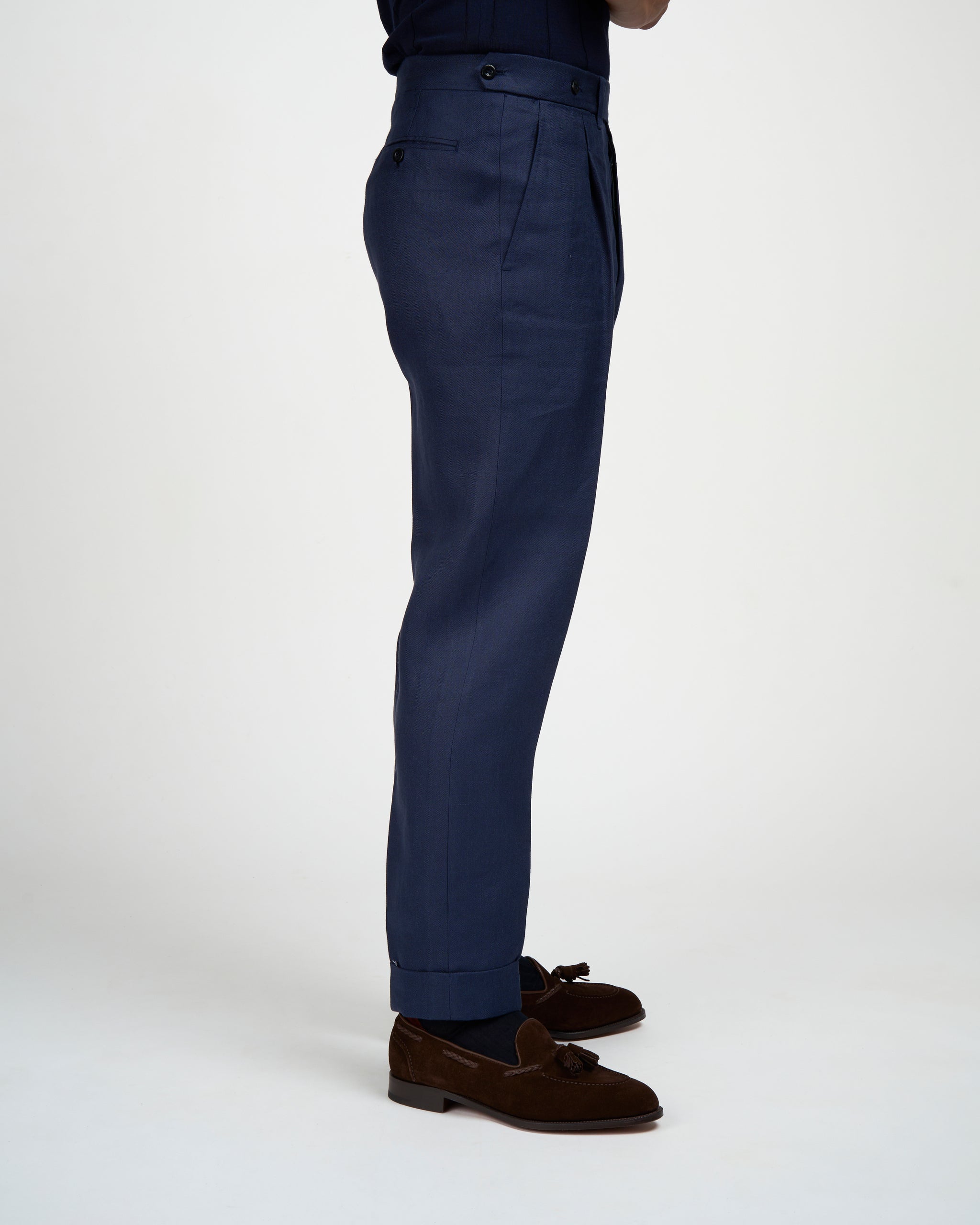 Herringbone linen trousers - Single pleat trousers - Navy Blue