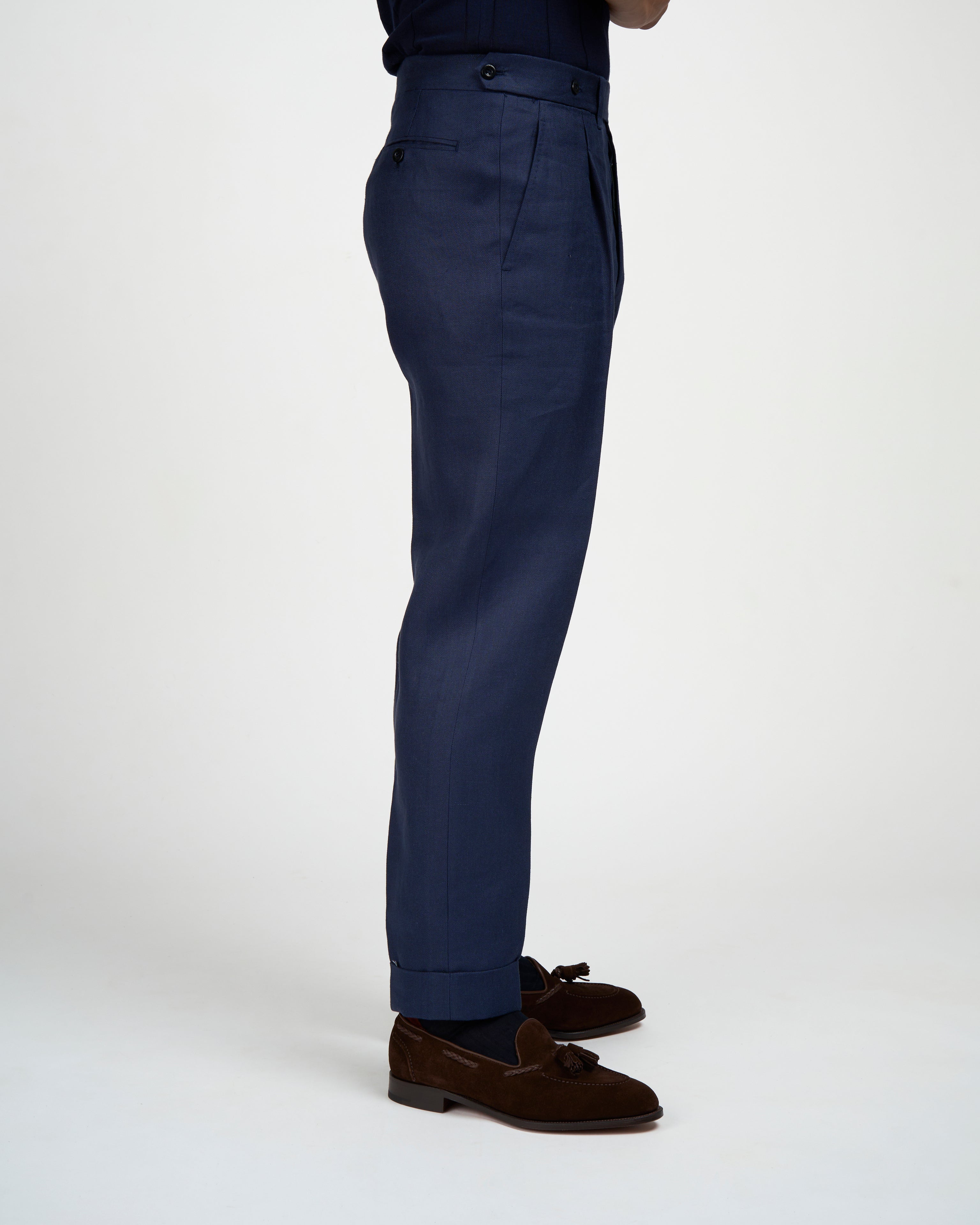 Herringbone linen trousers - Single pleat trousers - Navy Blue