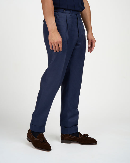 Herringbone linen trousers - Single pleat trousers - Navy Blue