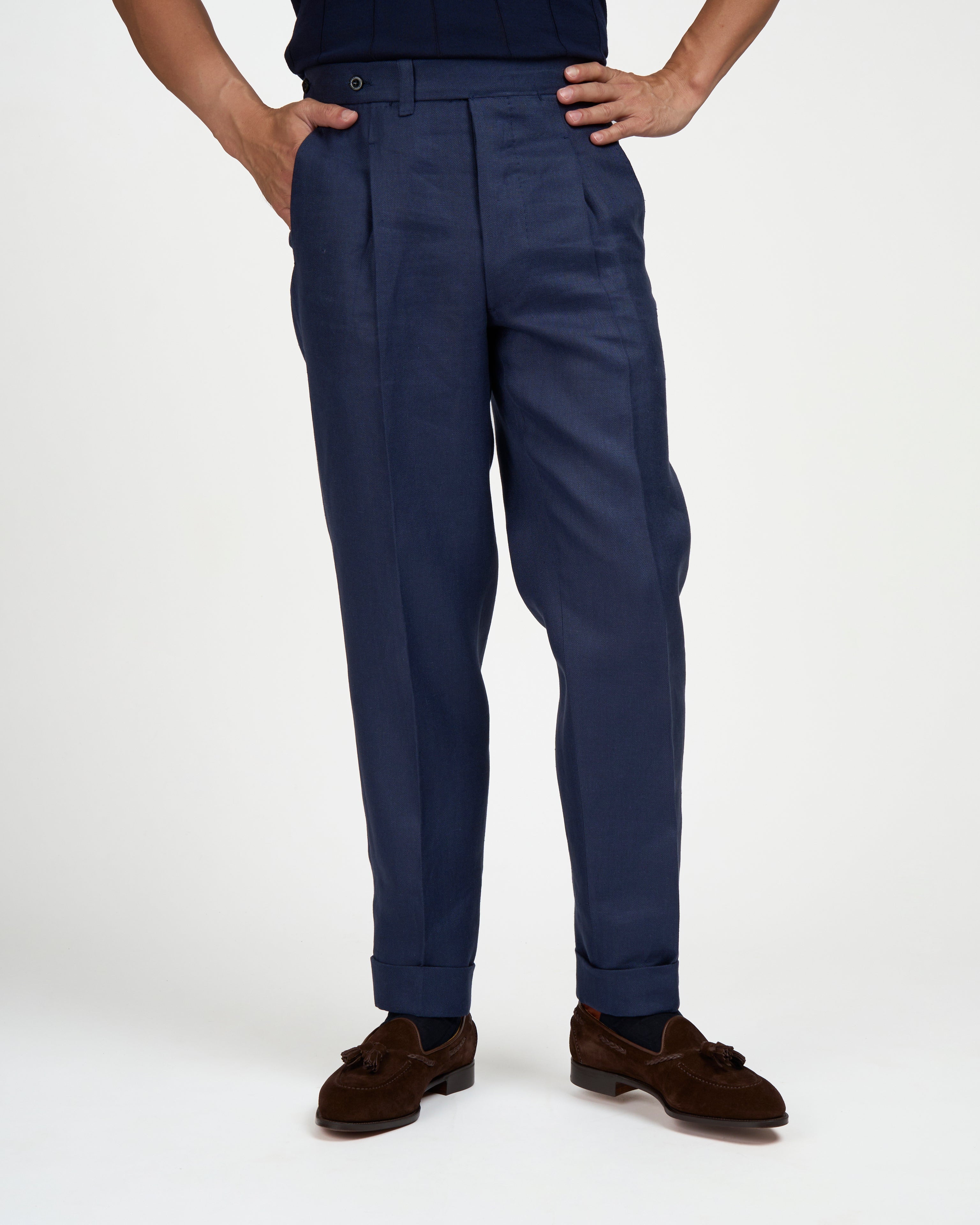 Herringbone linen trousers - Single pleat trousers - Navy Blue